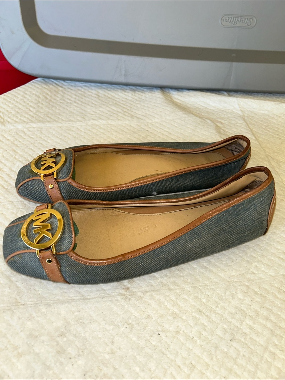 Michael Kors Denim Blue Flats with Brown Leather Trim & Gold MK Emblem